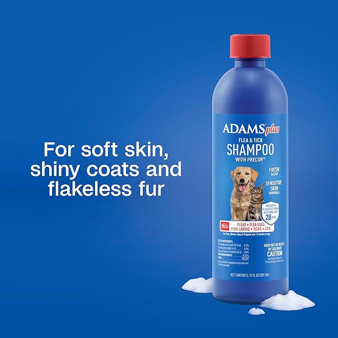 Adams Plus Flea &amp; Tick Shampoo with Precor for Cats, Kittens, Dogs &amp; Puppies Over 12 Weeks Of Age Sensitive Skin Flea Treatment | Kills Adult Fleas, Flea Eggs, Ticks, and Lice| 12 Ounces