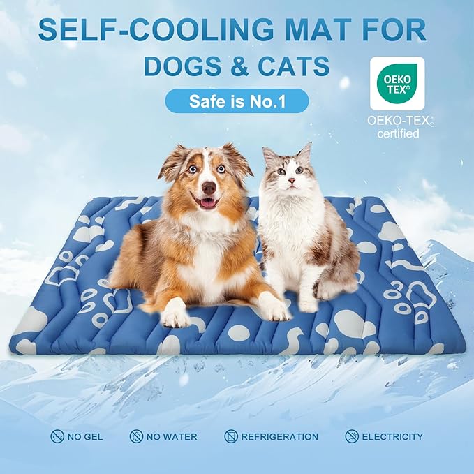 BEAUTYZOO Dog Cooling Mat- Upgraded Thicken Cooling Mat for Large Dogs Reversible(Cool &amp; Warm) Pet Ice Cool Bed Washable &amp; Portable, Summer Crate Pad for Big Dog Puppy Up to 100 lbs, Paw Blue 59X40IN