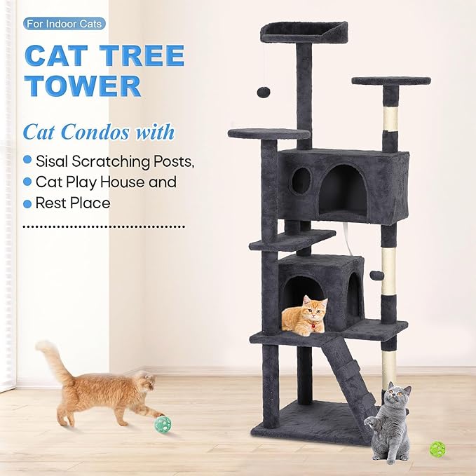 FDW Cat Tree Tower 62in Multi-Level Durable Cat Scratching Post &amp; Cozy Fun Jumping Platform Space Saving Condo Pet Play House for Indoor Cats,Dark Gray