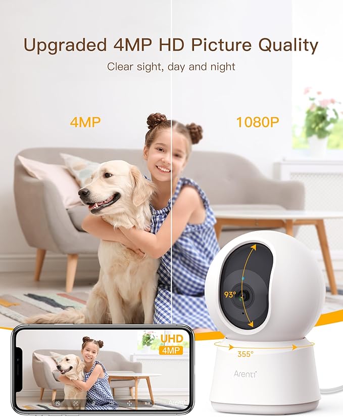 ARENTI 5G Security Camera Indoor, 4MP Pet Camera with Speaker for Dog/Cat, Baby Monitor with Phone App, Dual-Band WiFi, Auto Tracking, Super Night Vision, 2-Way Talk, Cloud &amp; SD Card Storage