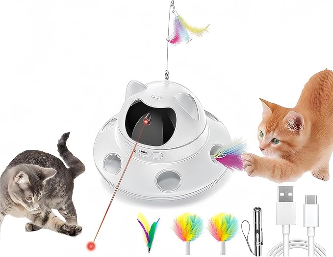 3-in-1 Cat Laser Toy &amp; Interactive Automatic Motion-Activated Kitten Toy – 6 Holes Whack-A-Mole Feather &amp; Moving Ambush Fun – USB Rechargeable, Apply to – Indoor Exercise for Cats of All Breeds