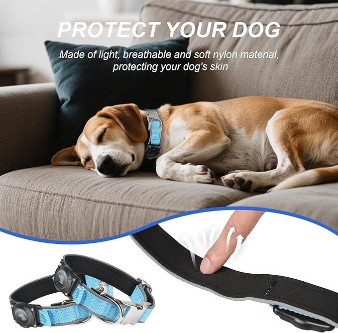 Waterproof Airtag Dog Collar - Nylon Collar with Durable Airtag Holder, Reflective&amp;Anti-Lost with Safety Metal Buckle, Soft Padded Adjustable for Small Medium Large Dogs Blue L