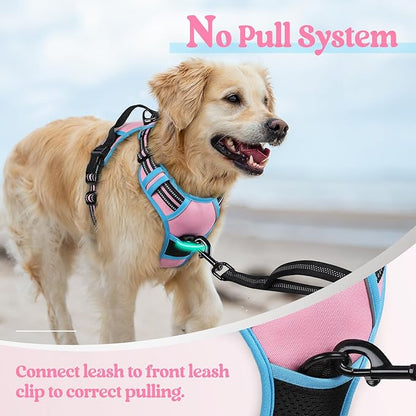 rabbitgoo Dog Harness No Pull with 2 Leash Clips, Adjustable Soft Padded, Reflective Oxford No Choke Pet Vest with Easy Control Handle for Large Dogs, Pink &amp; Blue, XL
