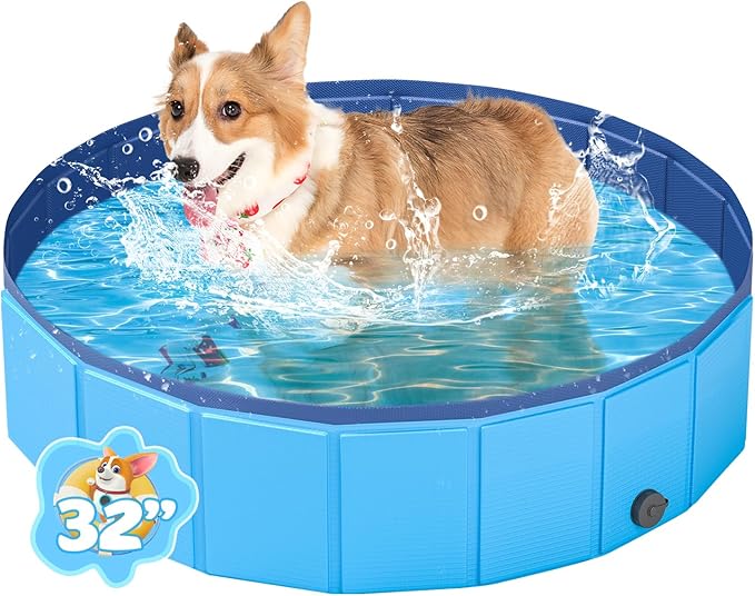 YSJILIDE Foldable Dog Pool, Portable PVC Dog Pet Swimming Pool, Collapsible Plastic Dog Bath for for Large Medium Small Dogs &amp; Kids (S-32"x 8" Blue)