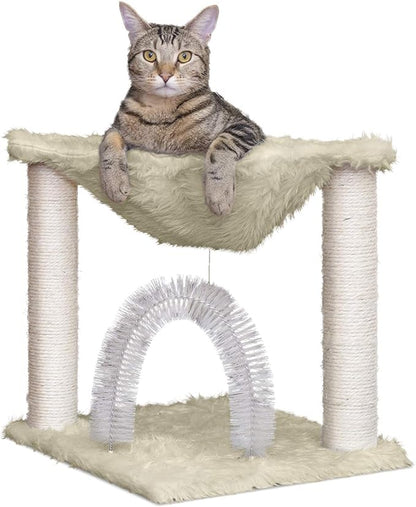 Furhaven 15.75" Tall Playground for Indoor Cats, Ft. Sisal Scratching Posts, Self-Grooming Brush, &amp; Toy - Tiger Tough Hammock Interactive Playground - Cream, One Size