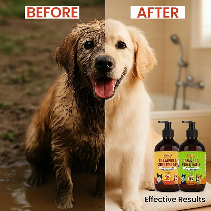 POM Pets 2 Pack 2-in-1 Organic Dog Shampoo &amp; Conditioner – Itchy Skin Relief, Dog Deshedding, Detangles Fur, Cat Shampoo, Paw Cleaner for Dogs, Natural Coat Defense Formula