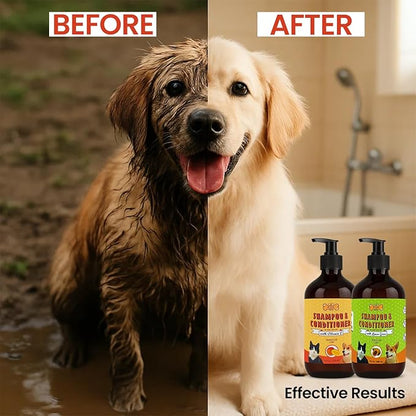 POM Pets 2 Pack 2-in-1 Organic Dog Shampoo &amp; Conditioner – Itchy Skin Relief, Dog Deshedding, Detangles Fur, Cat Shampoo, Paw Cleaner for Dogs, Natural Coat Defense Formula