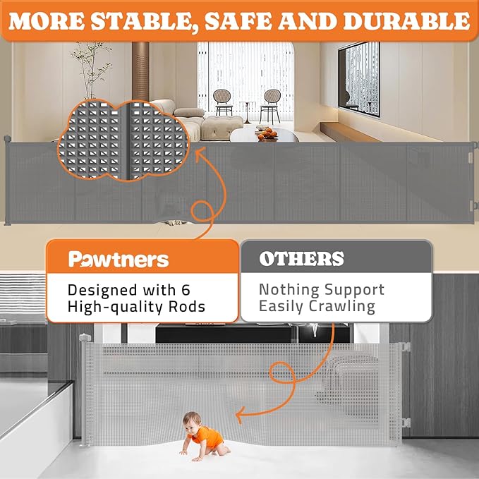Upgrade 120" Retractable Baby Gates Extra Wide with Reinforced Strips, 10 FT Retractable Dog Gate for Garage, 41" Tall Retractable Gate Indoor Outdoor for Pet and Baby-Grey