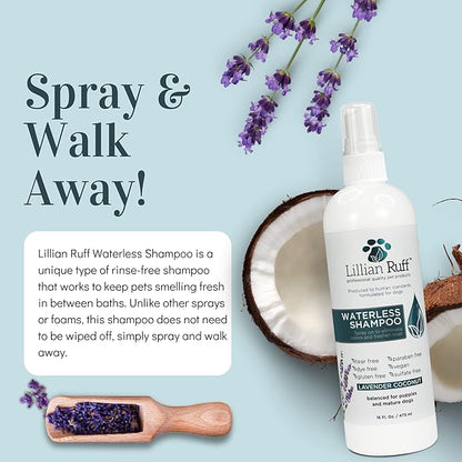 Lillian Ruff Waterless No-Rinse Dog Dry Shampoo Spray with Hydrating Essential Oils - pH-Balanced Dry Shampoo for Dogs - Clean, Condition, Detangle &amp; Deodorize Dry, Sensitive Skin (Gallon)