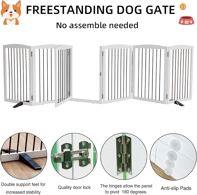 ZJSF Foldable Indoor Dog Door with Walk Through Door, Freestanding Pet Door for The House,Doorways, Stairs, Pet Puppy Safety Fence with Support Feet, White 6 Panels 120" Wide 32&
