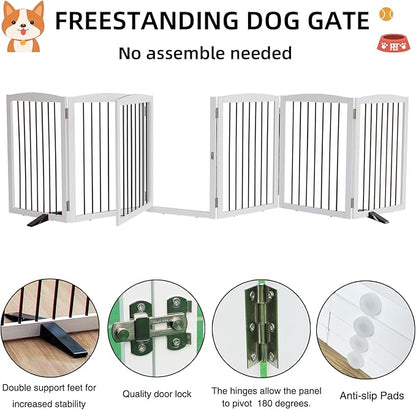 ZJSF Foldable Indoor Dog Door with Walk Through Door, Freestanding Pet Door for The House,Doorways, Stairs, Pet Puppy Safety Fence with Support Feet, White 6 Panels 120" Wide 32&