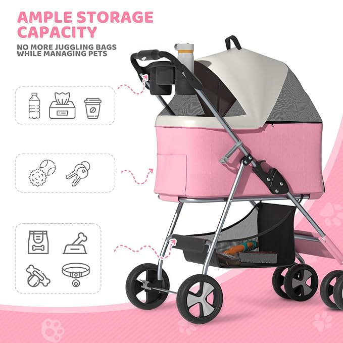 Magshion Foldable Pet Stroller, 3-in-1 Dog Travel Jogger with Detachable Carrier, Cup Holder, Storage Basket, Folding Carrier for Small/Medium Dogs &amp; Cats Up to 33 lbs, Pink