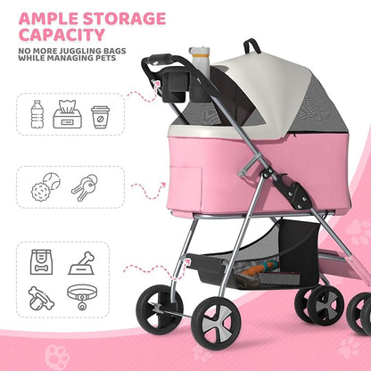Magshion Foldable Pet Stroller, 3-in-1 Dog Travel Jogger with Detachable Carrier, Cup Holder, Storage Basket, Folding Carrier for Small/Medium Dogs &amp; Cats Up to 33 lbs, Pink