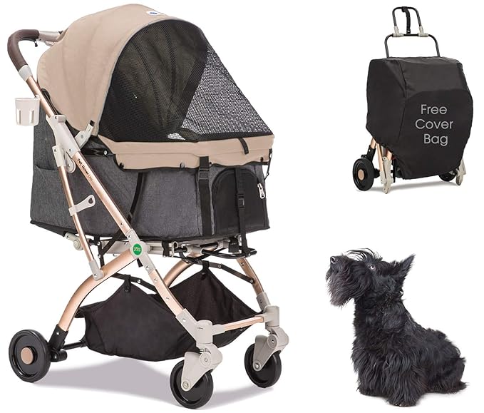 HPZ-PR America Pet Rover Lite Premium Light-Weight Dog/Cat/Pet Stroller Travel Carriage with Convertible Compartment/Aluminum Frame for Small &amp; Medium Pets (Taupe 2nd-Gen.)