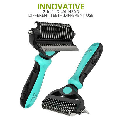 Spring Blossoms-2 in 1 Professional Grooming Rake for Cats &amp; Dogs-Dematting Comb for Easy Mats &amp; Tangles Removing,Pet Brush Safe No More Nasty Shedding and Flying Hair (Cyan)