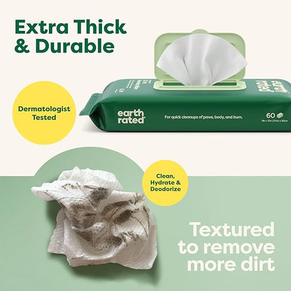 Earth Rated XL Pet Wipes for Dogs &amp; Cats, 3-in-1 Hypoallergenic Cleaning, Deodorizing and Hydrating Extra Large Grooming for Body, Paws and Butt, Unscented, 60 Count