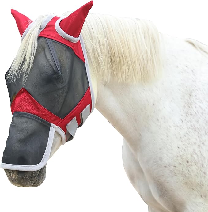 Horse Fly Mask with Ears &amp; Long Nose Cover | Forelock Opening for Tangle-Free Mane Care | UV Protection &amp; Breathable Mesh | No Rub Fit and Enhanced Visbility for Trail Riding Red Pony