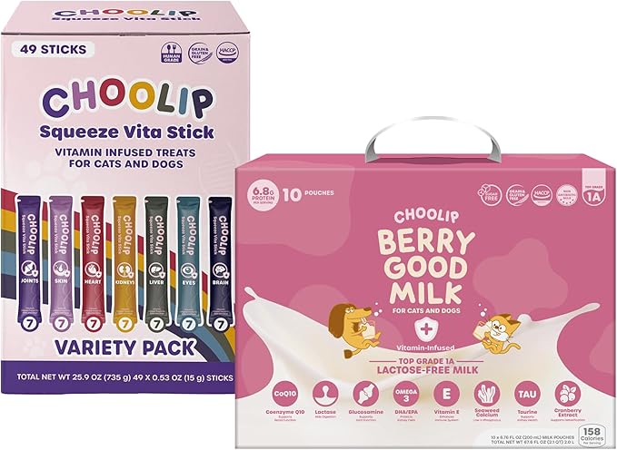 Bundle | Berry Good Milk 10pk Vitamin-Infused + 49 Variety Squeeze Vita Sticks with Essential multivitamins [Both Products are for Cats &amp; Dogs of All Life Stages]