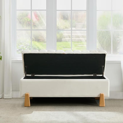 Storage Ottoman Bench for Bedroom Small Spaces 48.6 Inch with Hinged Lid Solid Wood Tapered Legs Tufted Upholstered Fabric for Living Room &amp; Bedroom, Beige