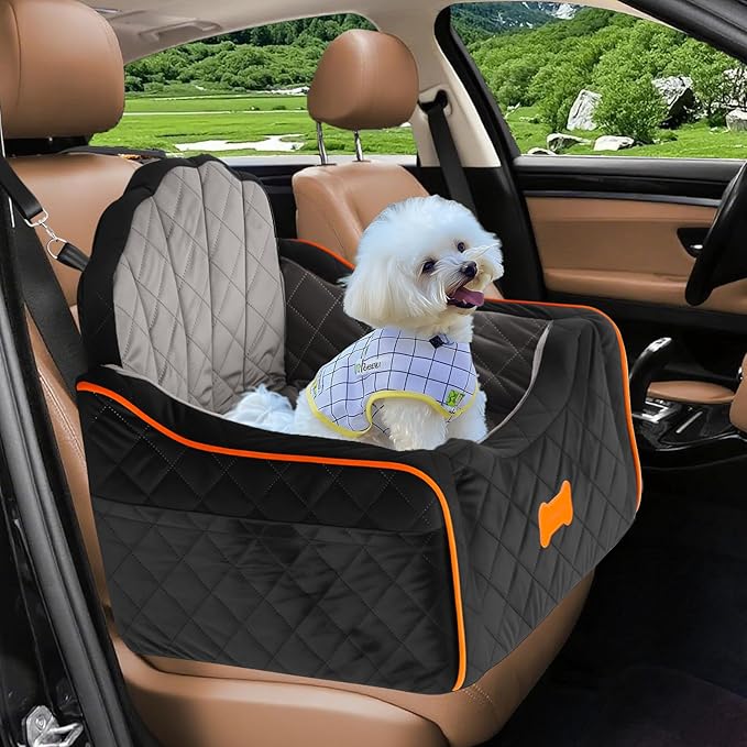 Dog Car Seat for Small Dogs Under 30lbs, Detachable Washable Pet Booster Seat with Safety Belt &amp; Storage Pockets, Travel Car Bed, Black/Grey