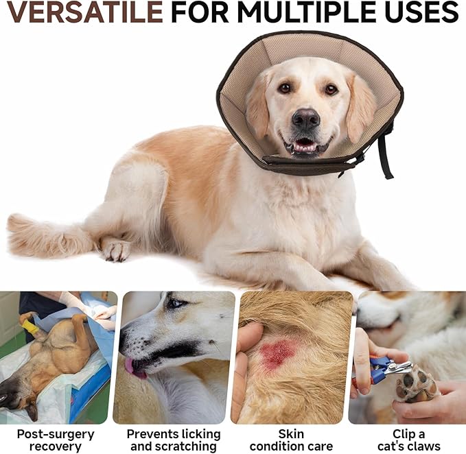 Dog Cone Collar M, Soft Cones for Large Medium Small Dogs,Adjustable Dog Cone Alternative to Stop Licking, Comfy Elizabethan Collar for After Surgery Wound Healing &amp; Hot Spots Brown