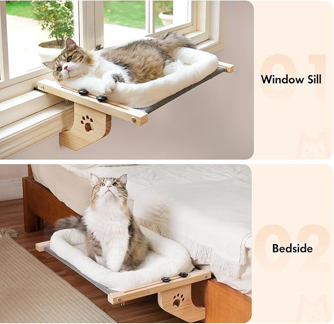 AMOSIJOY Cat Sill Window Perch Sturdy Hammock Window Seat with Cushion Cover, Wood &amp; Metal Frame for Large Cats, Easy to Adjust Cat Bed for Windowsill, Bedside, Drawer and Cabinet (XL)