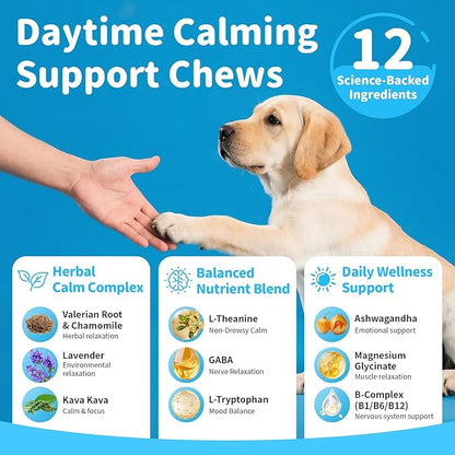 Calming Chews for Dogs – Calming Treats for Anxiety, Stress, Separation, Travel&amp;Thunder, Relaxation &amp; Focus Support with L-Theanine, Valerian Root, Chamomile &amp; Ashwagandha, Bacon Flavor, 90Ct