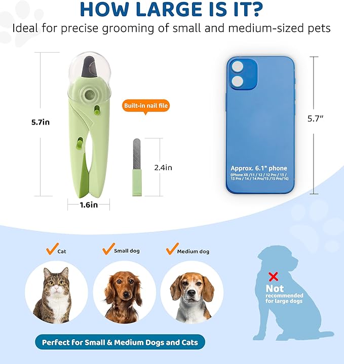 Pet Nail Clipper with Light for Cats &amp; Small Dogs Puppies, Ultra Bright LED to Illuminate Nail Bloodline to Avoid Over Cutting, Extra-Sharp and Durable Cat Claw Trimmer with Nail File (Green)