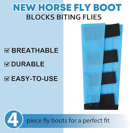 Premium 4-Pack Horse Fly Boots &amp; Leggings Loose-Fit Fine Mesh with Stay-On Fasteners, Support Strips &amp; Anti-Stomp Design Breathable Non-Slip Protection Leg Wrap (Large) Sky - Blue