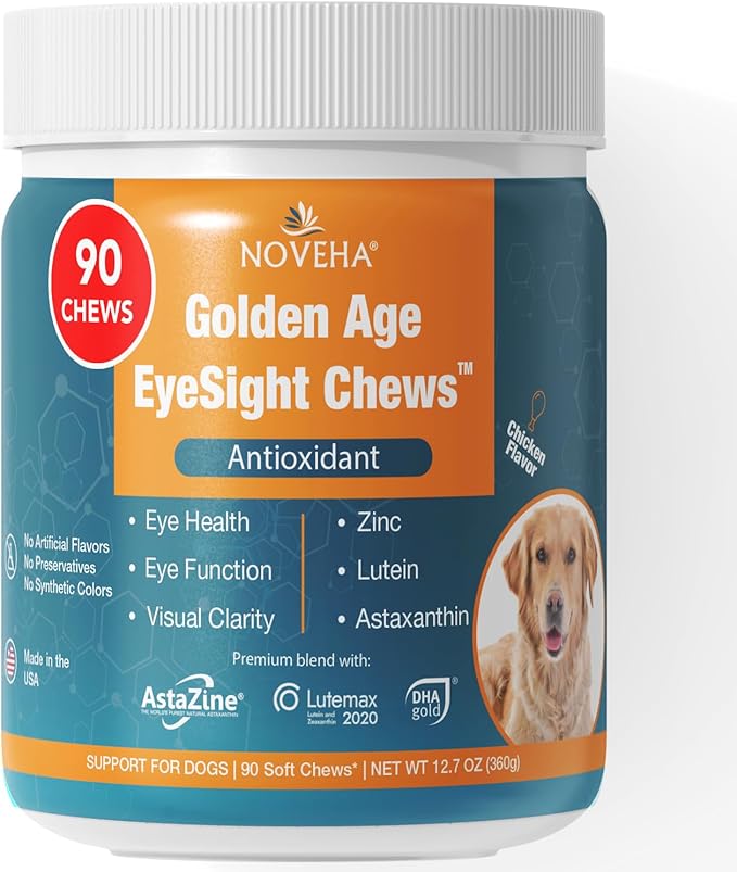 NOVEHA Eye Supplement for Dogs (90 Chews)- Vision Support with Lutein + Vitamin C &amp; Astaxanthin Antioxidants - Dog Vitamins for Eyes + Fish Oil for Omega 3 EPA - Made in USA