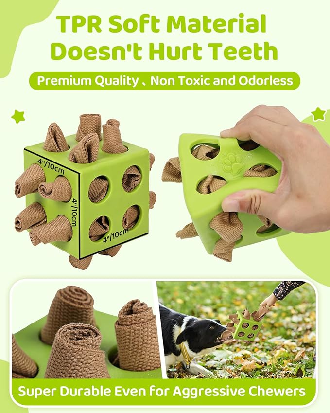 Interactive Puzzle Dog Toy Encourage Natural Foraging Skill, Durable Dog Enrichment Toy Snuffle Cube Cloth Strip with Hide &amp; Seek Food, Slow Feeder for Mind Stimulate &amp; Stress Relief (Green)