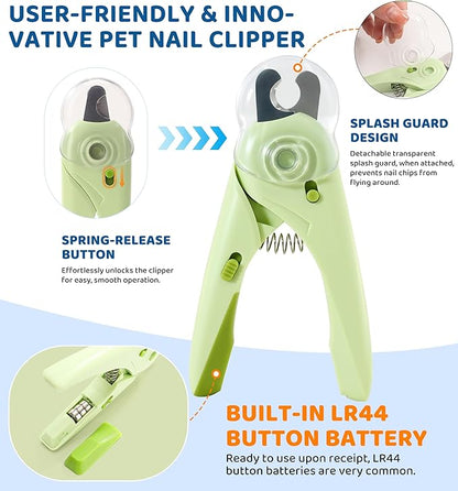 Pet Nail Clipper with Light for Cats &amp; Small Dogs Puppies, Ultra Bright LED to Illuminate Nail Bloodline to Avoid Over Cutting, Extra-Sharp and Durable Cat Claw Trimmer with Nail File (Green)