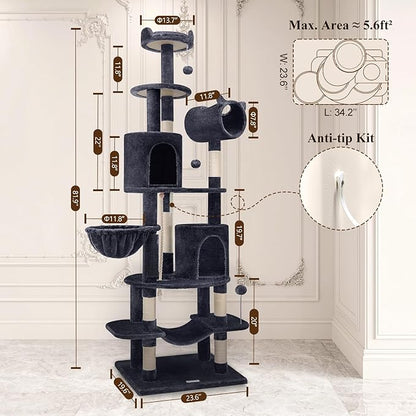 Globlazer Artistic Curved Cat Tower for Small Cats (Under 12 lbs), 81-inch Slim Design Cat Tree with Space-Saving Design, Indoor Cat Condo with Hammock &amp; Tunnel, C81, Dark Gray, Non-Large Cats