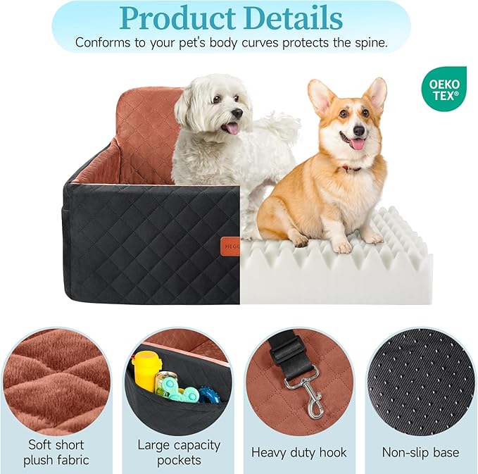 Dog Car Seat for Medium/Large Dogs, Pet Booster Seat for Under 55 lbs or 2 Small Dogs, Detachable &amp; Washable Dog Car Bed for Backseat with 2 Safety Leashes(Black/Brown)