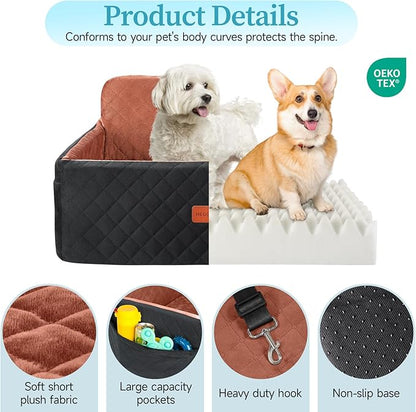 Dog Car Seat for Medium/Large Dogs, Pet Booster Seat for Under 55 lbs or 2 Small Dogs, Detachable &amp; Washable Dog Car Bed for Backseat with 2 Safety Leashes(Black/Brown)
