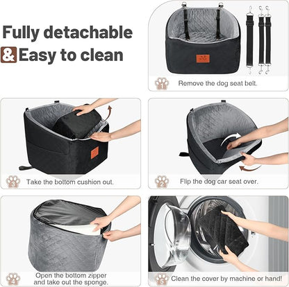 Dog Car Seat for Small Medium Dogs, Memory Foam Booster Car Seat for Dogs up to 35 lbs, Elevated Pet Car Seat with Washable Removable Cover and Storage Pockets (Black/Gray)