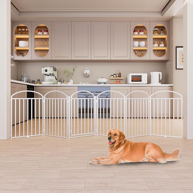 6 Panles Full Matel Freestanding Dog Gates with Door, 144"Extra Wide 32"Tall Free Standing Dog Pet Gate for Indoor &amp; Outdoor. Foldable Pet Fences for Doorways, House, Stairs, Porch, Deck, Yard