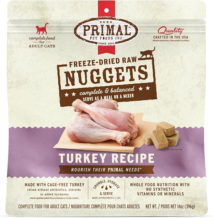 Primal Freeze Dried Raw Cat Food Nuggets Turkey, Complete &amp; Balanced Meal or Topper, Premium, Healthy, Grain Free, High Protein Raw Cat Food with Probiotics (14 oz)