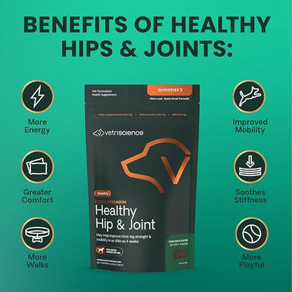 VetriScience Glycoflex 3 Clinically Proven Hip and Joint Support Supplement for Small Dogs - Maximum Strength Dog Supplement with Glucosamine, MSM, Green Lipped Mussel &amp; DMG - 60 Chews,Chicken Flavor