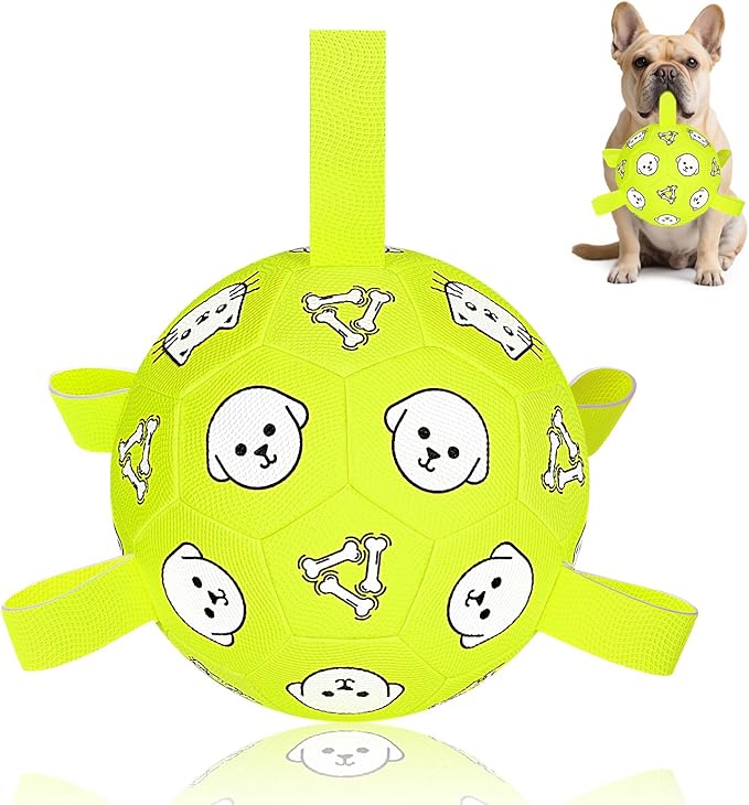 Dog Toys, Durable Dog Soccer Ball with Straps, Interactive Dog Toys, Water Fetch Ball for Tug of War, Puppy Toys for Indoor/Outdoor – Fun Dog Birthday Gift for Small &amp; Medium Dogs, 6 Inch