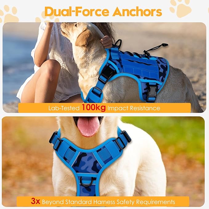 Heavy-Duty Tactical Dog Harness for Large Dogs, No Pull Adjustable Reflective Pet Vest with Molle System, K9 Military-Grade Control for Service Training, Outdoor &amp; 10+ Breeds, Blue Camo, X-Large