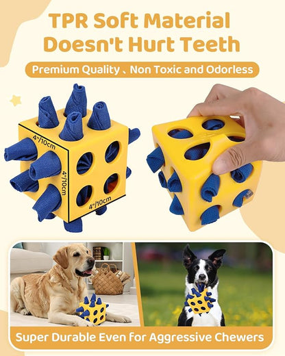 Interactive Puzzle Dog Toy Encourage Natural Foraging Skill, Durable Dog Enrichment Toy Snuffle Cube Cloth Strip with Hide &amp; Seek Food, Slow Feeder for Mind Stimulate &amp; Stress Relief (Yellow)