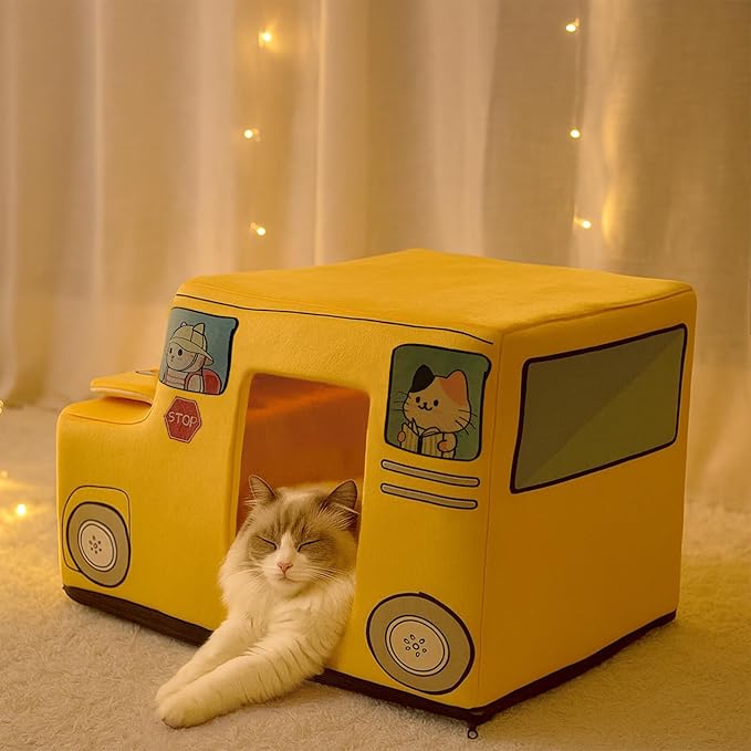 Cute Cat Beds Kitten Beds, Soft Small Dog Beds, Washable Pet Beds for Puppy and Kitty, Funny School Bus Cat Cave, 23 Inches