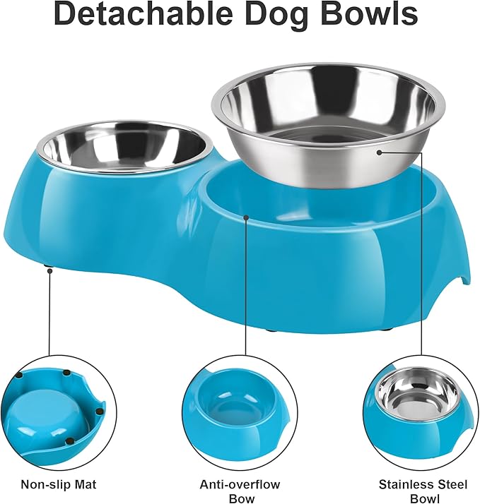 Elevated Dog Bowls Set - Non-Slip Raised Pet Feeder with Medium (2 Cups) &amp; Large (4 Cups) Stainless Steel Bowls - Includes Durable Resin Stand for Puppies, Adult Dogs &amp; Cats - Blue
