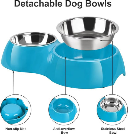 Elevated Dog Bowls Set - Non-Slip Raised Pet Feeder with Medium (2 Cups) &amp; Large (4 Cups) Stainless Steel Bowls - Includes Durable Resin Stand for Puppies, Adult Dogs &amp; Cats - Blue
