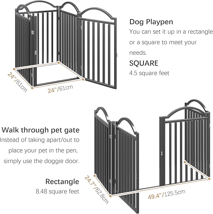 BHG Metal No-Assembly Freestanding Dog Gate with Door Walk Through, Extra Wide 96", Extra Tall 32" Pet Gate, Accordion Puppy Folding Playpen Dog Fence for Indoor &amp; Outdoor, with 2PCS Support - Black