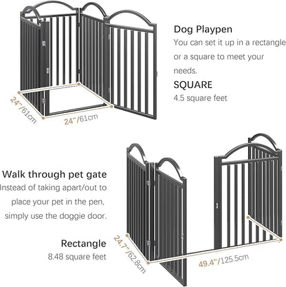 BHG Metal No-Assembly Freestanding Dog Gate with Door Walk Through, Extra Wide 96", Extra Tall 32" Pet Gate, Accordion Puppy Folding Playpen Dog Fence for Indoor &amp; Outdoor, with 2PCS Support - Black