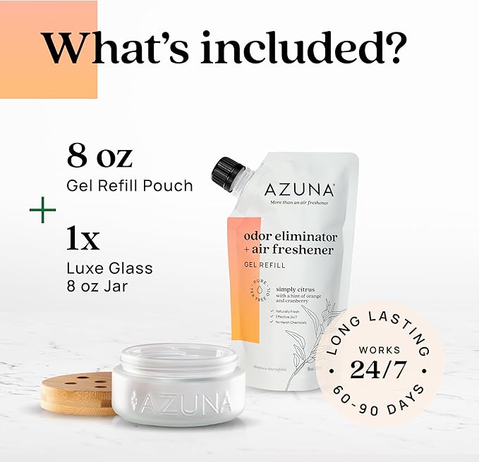 Azuna Air Freshener &amp; Odor Eliminator for Strong Odor | 1 Room Kit Includes (1) Empty Luxe Glass Jar &amp; 8oz Refill with Tea Tree Essential Oil Gel | Simply Citrus | Last 60-90 Days