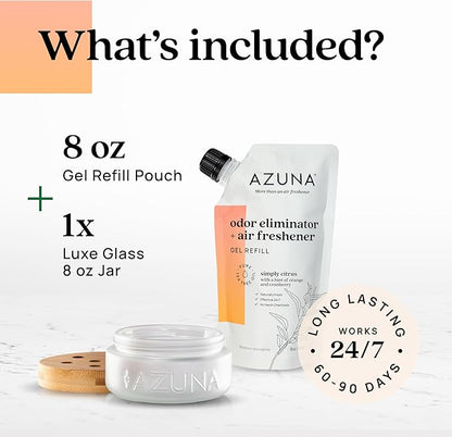 Azuna Air Freshener &amp; Odor Eliminator for Strong Odor | 1 Room Kit Includes (1) Empty Luxe Glass Jar &amp; 8oz Refill with Tea Tree Essential Oil Gel | Simply Citrus | Last 60-90 Days