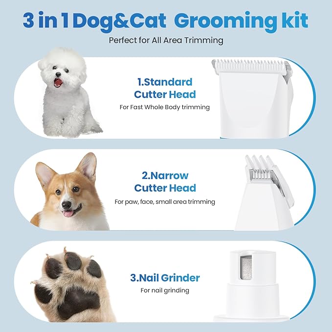 3-in-1 Dog &amp; Cat Grooming Kit - Rechargeable Cordless Pet Hair Clippers with Nail Grinder &amp; Paw Trimmer &amp; 5 Guide Combs, Low Noise Dog Clippers for Grooming Small Medium Pets